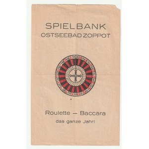 SOPOT. Reklama kasyna w Sopocie sprzed 1945 r., oferta gry przez cały rok w ruletkę i bakarata, symbol ruletki, na verso tekst z regułami gry hazardowej z instruktażowym opisem