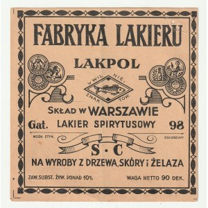 VILNIUS, WARSCHAU. Etikett von Spirituslack 98 für Holz-, Leder- und Eisenwaren, Lackfabrik Lakpol in Vilnius, Lagerhaus Warschau
