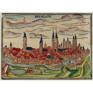 WROCŁAW. Panorama miasta, pochodzi z: Cosmographia S. Münstera, Bazylea 1628 r., tekst w jęz. niem.: Von Teutschlandt. Von der Stadtt Presslaw.; drzew. szt. kolor.