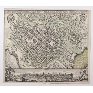 WROCŁAW. Panorama i perspektywiczny plan miasta autorstwa M. Seuttera, Augsburg, ok. 1740; drugi wariant efektownego dzieła M. Seuttera (pierwszy wyd. ok. 1730, w drugim dorytowano tekst przywileju i tyt. Geografa Cesarskiego); miedz. cz.-b., kolor.