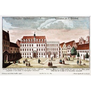 WROCŁAW. Gimnazjum św. Elżbiety; ryt. J.M. Steidlin, rys. F.B. Werner, pochodzi z albumu Prospectuum... Urbis Vratislaviae, wyd. M. Engelbrecht, Augsburg 1736; legenda; miedz. z akwf. kolor.
