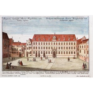 WROCŁAW. Gimnazjum św. Marii Magdaleny; ryt. J.M. Steidlin, rys. F.B. Werner, pochodzi z Prospectuum... Urbis Vratislaviae, wyd. M. Engelbrecht, 1736; legenda; miedz. z akwf. kolor.