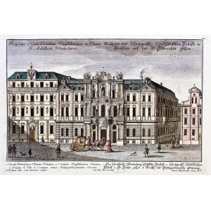 WROCŁAW. Pałac Hatzfeldtów, zniszczony podczas bombardowania miasta w 1760 r.; ryt. C. Remshart, rys. F.B. Werner, pochodzi z Prospectuum... Urbis Vratislaviae, wyd. M. Engelbrecht, 1736; legenda; miedz. z akwf. kolor.