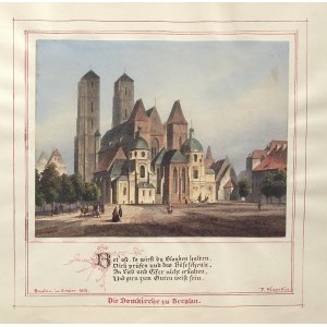 WROCŁAW. Katedra św. Jana; ryt. E. Höfer, rys. C. Würbs, wyd. G.G. Lange, 1840; w dole notka z epoki - cytat. z wiersza Das Gebet Ch. F. Gellerta; stal. kolor.