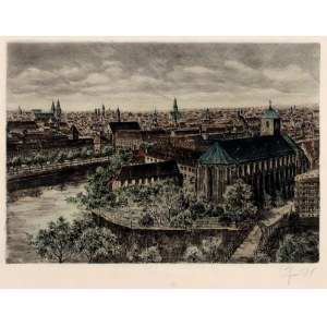 WROCŁAW. View of the city, most likely from the tower of the Collegiate Church of the Holy Cross and St. Bartholomew; Karl Zwicker, interwar period; signed in pencil at bottom; aquaf. color.
