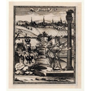 JAWOR. Panorama of Jawor, below is an allegory of courage and the coat of arms of the von Below family; taken from: Zittauisches Tagebuch (formerly Eckardtisches Monathliches Tagebuch, published under various titles between 1731 and 1895); brod.cz.-b.