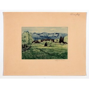KARKONOSZE. Panorama of the mountains, by F. Iwan, interwar period; signed by the author (in pencil); aquatint color aquatint.