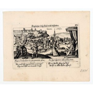 KŁODZKO. Panorama der Stadt, mit Figurenstaffage, aus: Meissner, Daniel, Sciographia Cosmica (in den Jahren 1637-1638 wurde das Werk unter dem Titel Thesaurus Philopoliticus veröffentlicht), 1638; emblematische Darstellung, Inschriften in Deutsch. und Lat