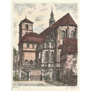 KŁODZKO. Kościół Wniebowzięcia NMP; R. Adler (1907-1977), okres międzywojenny; w dole sygn. ołówkiem; akwf. kolor.