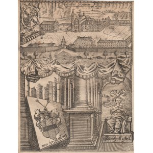 KRZESZÓW. view of the Cistercian Abbey in Krzeszów, below is an allegory of steadfastness and the coat of arms of the von Gablenz family; taken from: Zittauisches Tagebuch...; brod. cz.-b.