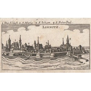 LEGNICA. Panorama miasta, pochodzi z: Der getreue Reiss-Gefert durch Ober- und Niederteutschland..., wyd. C. Riegel, Norymberga 1689; legenda; miedz. cz.-b.
