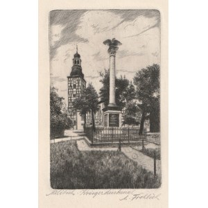 MILICZ. Pomnik wojen napoleońskich; M. Fröhlich, ok. 1920; w dole sygn. ołówkiem; akwf. cz.-b.