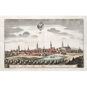 OLEŚNICA. Panorama miasta; w górze herb miasta, autor Matthäus Merian der Ältere (starszy); miedz. kolor.