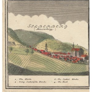 SREBRNA GÓRA (pow. ząbkowicki). Panorama miasta; rys. F.B. Werner; pochodzi z VII tablicy Scenographia Urbium Silesiae…, Spadkobiercóy Homanna, Norymberga 1737-1752; miedz. kolor.