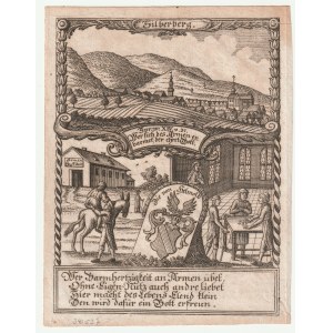 SILVER HILL (Ząbkowicki district). Panorama of the city, with allegory and coat of arms of the von Helmold family at the bottom; taken from: Zittauisches Tagebuch...; miedz. cz.-b.