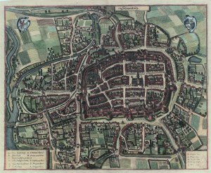ŚWIDNICA. Perspektywiczny plan miasta; ryt. M. Merian, Frankfurt n. Menem, ok. 1650; miedz. kolor.