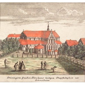 SWIDNICA. Kirche des Friedens; Scenographia Urbium Silesiae..., Erben von Homann; Kupfer. Farbe.