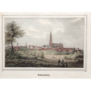 SWIDNICA. Panorama der Stadt, aufgenommen von der Borussia ..., lith. farbig.