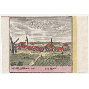 TWARDOGÓRA (oleśnicki district). Panorama of the town; drawing by F.B. Werner; taken from the 1st plate of Scenographia Urbium Silesiae..., Heirs of Homann; copper color.