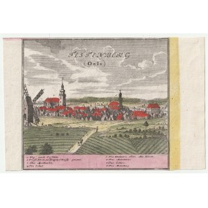 TWARDOGÓRA (pow. oleśnicki). Panorama miasta; rys. F.B. Werner; pochodzi z I tablicy Scenographia Urbium Silesiae..., Spadkobiercy Homanna; miedz. kolor.