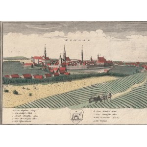 WOŁÓW. Panorama miasta; rys. F.B. Werner; pochodzi z III tablicy Scenographia Urbium Silesiae..., Spadkobiercy Homanna; miedz. kolor.