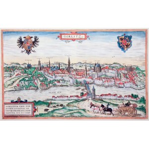 ZGORZELEC (Görlitz). Panorama der Stadt vom rechten Neißeufer aus; entnommen aus Civitates orbis terrarum, hrsg. von Georg Braun und Frans Hogenberg, Köln 1572-1618, Kupferfarbe.