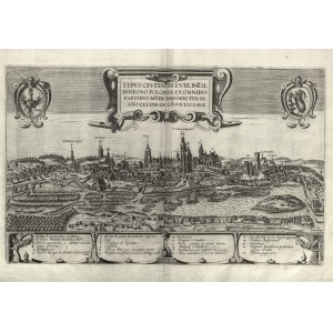 LUBLIN. Panorama miasta; pochodzi z: Civitates Orbis Terrarum, oprac. G. Braun i F. Hogenberg, wyd. A. Hogenberg, Kolonia 1617; w górze herby (w lewym rogu orzeł w zamkniętej koronie, w prawym rogu herb Lublina