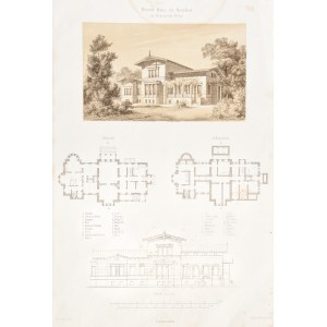 OZORKOW. set of 2 prints depicting a manor house in Ozorków: 1) facade, below three schematic views of the building; 2) view from the garden, below schematic view of the building and two horizontal projections; designed by Friedrich Adler, Lith. Anstalt v