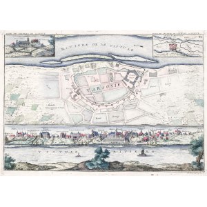 WARSAW, ŁOWICZ. Plan of Warsaw with a panorama of Warsaw from the Vistula River; in the upper corners 2 small frames with a general view of the castle in Lowicz (VEÜE DU CHATEAU DE LOWICZ) and a simplified plan of the castle (PLAN DU CHATEAU DE LOUWITZ OU