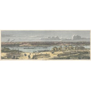WARSZAWA. Panorama miasta od str. Wisły; ryt. L. Dumont, 1861; drzew. szt. kolor., podklejony kartonem