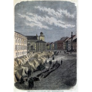 WARSAW. Russian soldiers camp on Castle Square - CAMPEMENT DES TROUPES RUSSES SUR LA PLACE D'ARMES, A VARSOVIE, eng. A. J. Best, J. Burn-Smeeton and J. J. Cosson, drawing by G. Durand, based on a photograph by M. Korsun, 1863, woodcut, color.