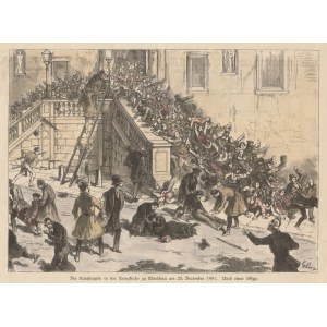 WARSZAWA. Panika w kościele św. Krzyża z 25 XII 1881 r.; drzew. szt. kolor., zdublowany kartonem