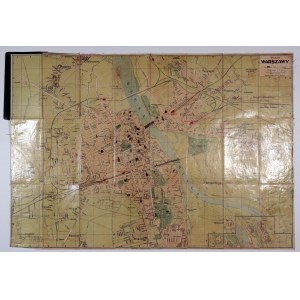 WARSAW. PLAN OF WARSAW, scale 1 : 17 500, published by Polski Tow. Księgarni Kolejowych Ruch, Warsaw, glued on canvas, folded, in hard cloth binding, on the back sticker list of streets from before 1939