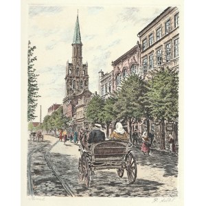KŁAJPEDA (lit. Klaipeda). Widok na kościół św. Jana; R. Adler (1907-1977), okres międzywojenny; w dole sygn. ołówkiem; akwf. kolor.