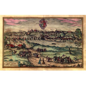 GRODNO (whit. Го́радня, Гро́дна). The earliest known panorama of the city, comes from: Civitates Orbis Terrarum, vol. 2, published by Georg Braun and Frans Hogenberg, Cologne 1575; in the foreground, a scene of greeting a Moscow envoy; on verso, text in L