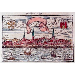 RYGA (lat. Rīga). Panorama der Stadt, 4 Seiten aus: S. Münsters Cosmographia, deutsche Ausgabe, um 1550; Holz, farbig.