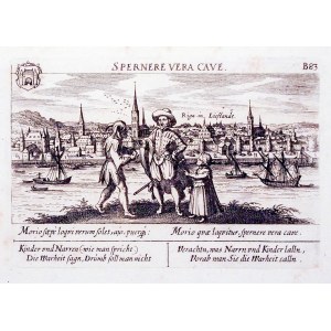 RYGA. Panorama miasta; nad górną ramką: SPERNERE VERA CAVE pochodzi z: Meissner, Daniel, Thesaurus Philopoliticus, wyd. Eberhard Kieser, Frankfurt nad Menem, 1621-1631