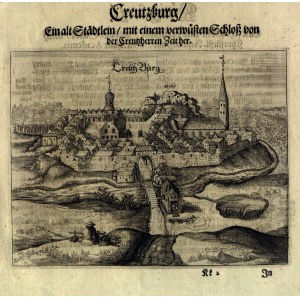 SŁAWSKOJE (russisch: Сла́вское, polnisch: Krzyżbork). Panorama des Dorfes, aufgenommen von: K. Hartknoch, Alt- und Neues Preussen Oder Preussischer Historien..., 1684; über dem oberen Rahmen die Inschrift: Creutzburg / Ein altes Städtlein...; brod. cz.-b.