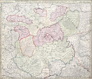 ROSJA. Oprac. Guillaume Delisle, wyd. Matthäus Seuter, Amsterdam, ok. 1740; miedzioryt kolor., wym. mapy: 583x500 mm