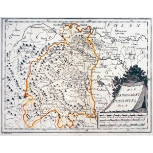 BUKOWINA (ukr. Буковина). Mapa Bukowiny; ryt. I. Albrecht, pochodzi z największego XVIII-wiecznego atlasu Schauplatz der fünf Theiel der Welt [...], wyd. F. J. J. von Reilly, Wiedeń 1789; miedz. kolor.