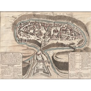 KAMIENIEC PODOLSKI. Bird's-eye view of the city; published by Nicolas De Fer, Paris, 1691; shows the fortress after the 1672 Turkish siege, modeled on an earlier plan by Cyprian Tomaszewicz (this is a mirror image of it); in the lower corners frames with 