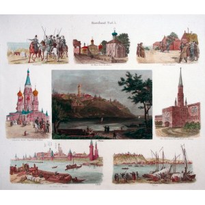 KIJÓW (Київ). Panorama Kijowa oraz 7 sekcji z widokami Z Rosji (m.in. widok Kremla), anonim, ok. 1850; stal. kolor.