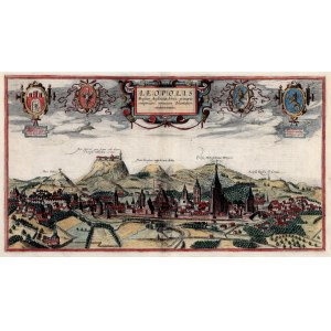 LWÓW. Panorama miasta od zachodu, rys. A. Passarotti (inż. na dworze Zygmunta III), ryt. F. Hogenberg, pochodzi z Civitates orbis terrarum, t. VI, Kolonia 1618; w górze herby, na verso tekst w jęz. łacińskim: LEOPOLIS…; miedz. kolor.