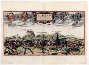 LWÓW. Panorama miasta od zachodu, rys. A. Passarotti (inż. na dworze Zygmunta III), ryt. F. Hogenberg, pochodzi z Civitates orbis terrarum, t. VI, Kolonia 1618; w górze herby, na verso tekst w jęz. łacińskim: LEOPOLIS…; miedz. kolor.