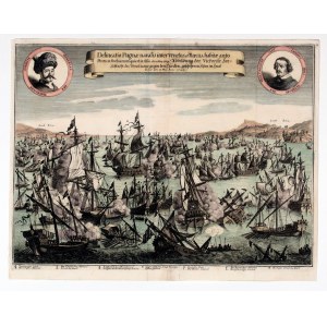 SMYRNA BAY. Die Seeschlacht von Foça vom 12.V.1649, die mit dem Sieg der venezianischen Flotte über die türkische Flotte endet, aus: Theatrum Europaeum, hrsg. von M. Merian, um 1660, Kupferfarbe.