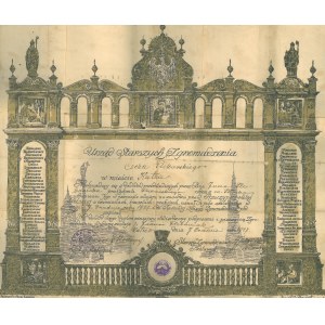 KUTNO. Innungsdiplom, ausgestellt vom Büro der Ältesten der Bäckerinnungsversammlung, das die Eintragung von Jan Plebaniak aus Płock in das Gesellenbuch der Bäckerinnung in Kutno bescheinigt, verliehen am 7. Dezember 1927.