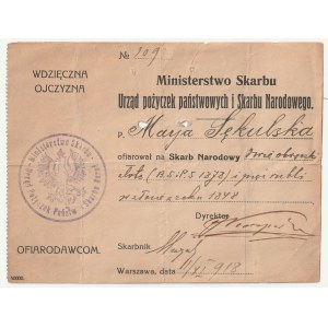 II REPUBLIC. Receipt by the Ministry of Treasury dated 11.XI.1918, for Maria Sekulska, who donated to the National Treasury two gold rings and five gold rubles from the year 1898, stamp of the Ministry of Treasury, signatures