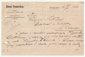 TORUN, SHAMOTUŁY, STAROGARD GDAŃSKI. Pomeranian Word. Letter from Marian Sydow to Gebethner and Wolf requesting permission to reprint M. Konopnicka's novella In Gdańsk, published in Tygodnik Ilustrowany in 1908 or 1909.