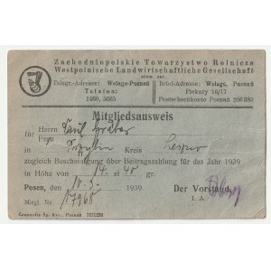 POZNAŃ, LESZNO. Mitgliedskarte der Westpolnischen Landwirtschaftlichen Gesellschaft (Westpolnische Landwirtschaftliche Gesellschaft, eine landwirtschaftliche Organisation der deutschen Minderheit in der Zweiten Polnischen Republik, die am 9. November 1923