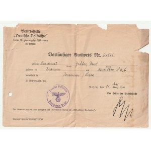 POZNAŃ. Vorläufiger Nachweis, ausgestellt am 14. Mai 1940. - Paul Gräber, geboren am 16. Juni 1910 im Dorf Przybiń, ist ein Volksdeutche, Stempel des Bezirksamtes der Deutschen Volksliste
